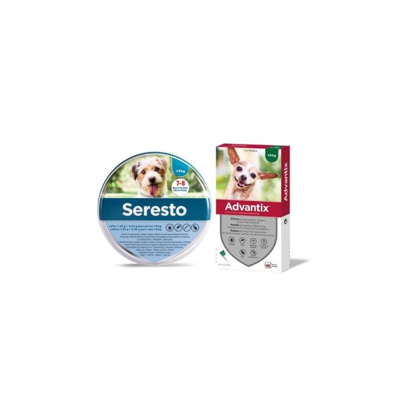 Pack Súper Protección: collar Seresto menos de 8kg + Advantix 4 pipetas 0-4kg para perros mini