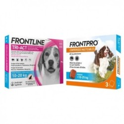 Pack Súper Protección: Frontpro Comprimidos Masticables 10-25kg + Frontline Tri-Act 3 pipetas (10-20kg) para perros medianos