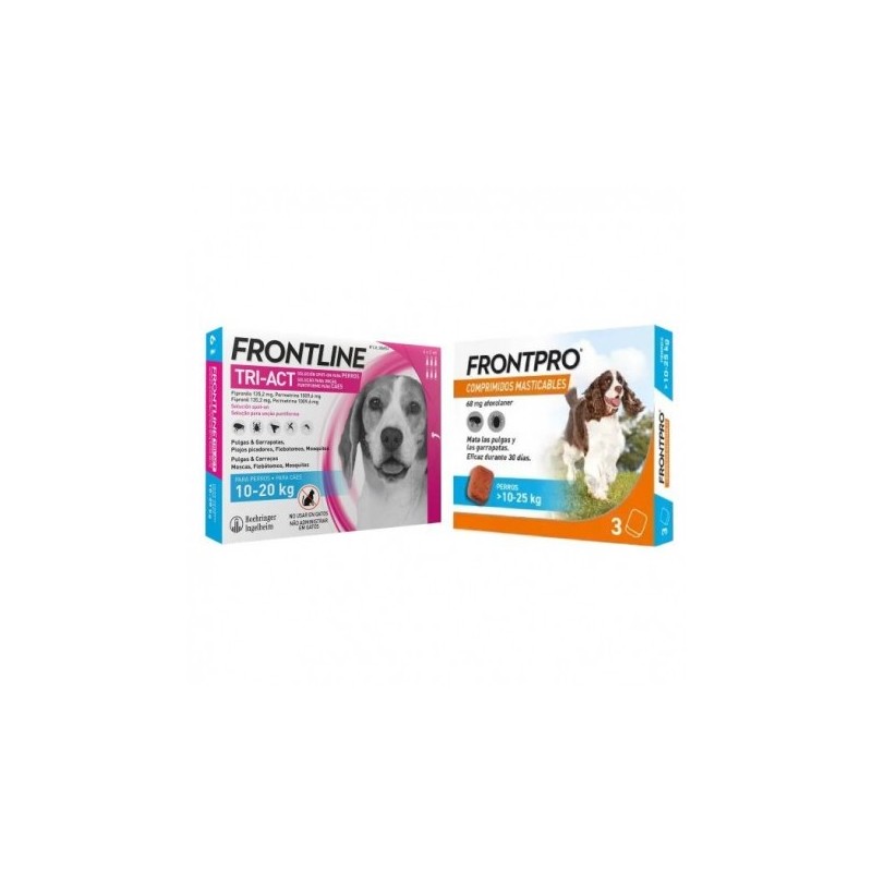 Pack Súper Protección: Frontpro Comprimidos Masticables 10-25kg + Frontline Tri-Act 3 pipetas (10-20kg) para perros medianos