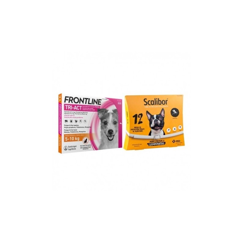 Pack Súper Protección: collar Scalibor 48cm + Frontline Tri-Act 3 pipetas (5-10kg) para perros pequeños